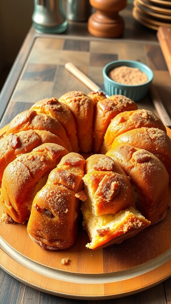 Golden brown monkey bread on a wooden platter, with pieces pulled apart, showcasing a fluffy texture.